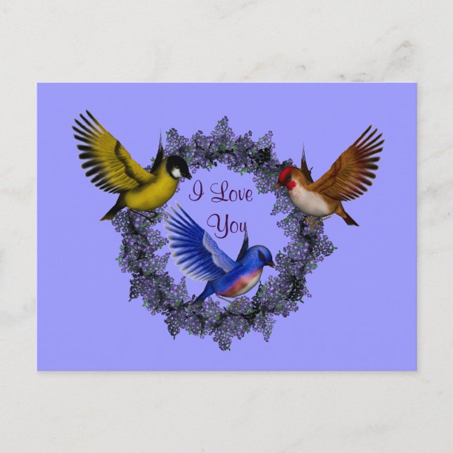 I Love You Birds On Flower Wreath Postcard (Front)