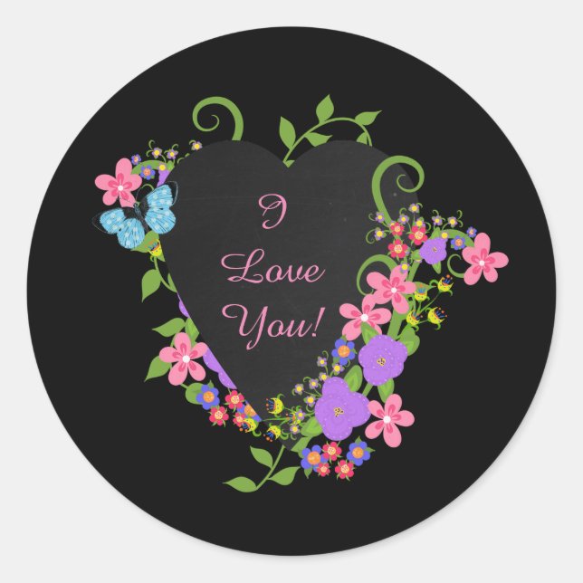 I Love You! Black Heart and Flowers Sticker (Front)