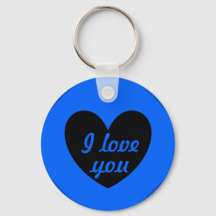 "I love you" Black heart on blue Keychain