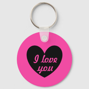 "I love you" black heart on fuchsia Keychain