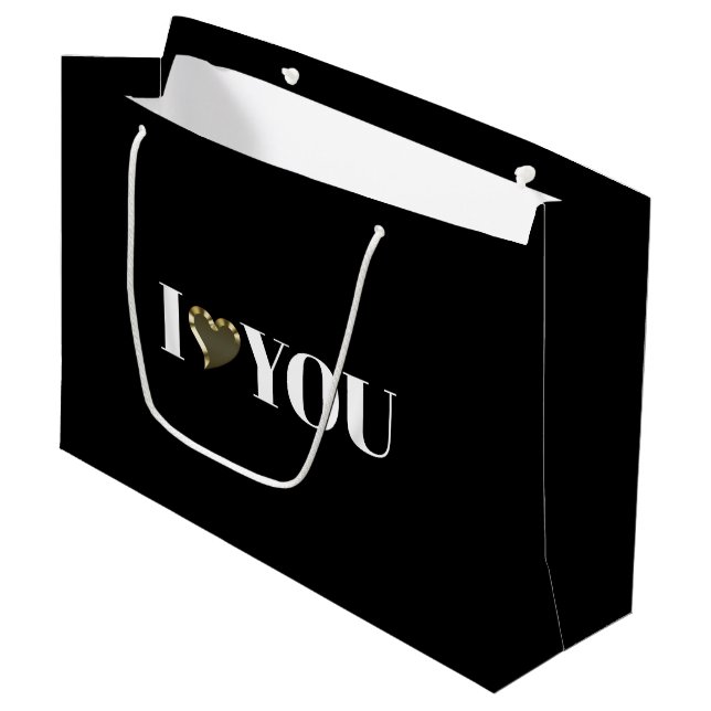 I Love You, black white gold heart modern Large Gift Bag (Front Angled)