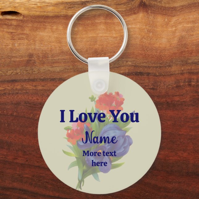 I Love You Blue Iris Flower Bouquet Personalized Keychain (Front)