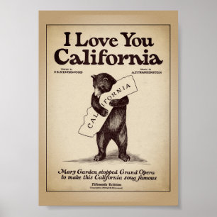  I Love You California Bear Hugging Map Poster