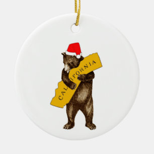 I Love You California Bear with Santa Hat Ceramic  Ornament