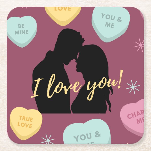 I Love You Candy Hearts Couple Square Paper Coaster (Front)