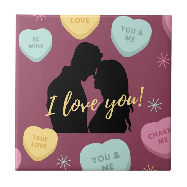 I Love You Candy Hearts Couple Tile (Front)