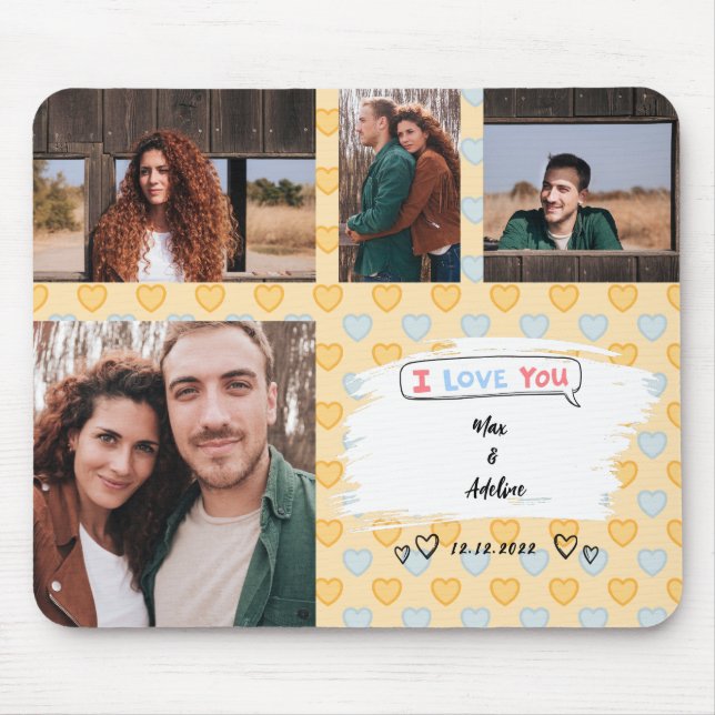 I love you Couple Photo Collage Yellow Hearts Mouse Pad (Front)