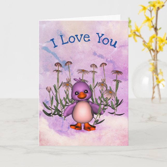 I Love You Cute Bird Daisies Personalized Card (Yellow Flower)