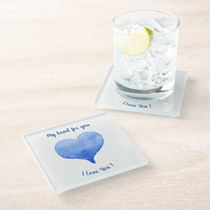 I Love You Cute Blue Heart Valentine's Day  Glass Coaster