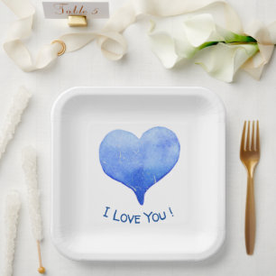 I Love You Cute Blue Heart Valentine's Day Paper Plate