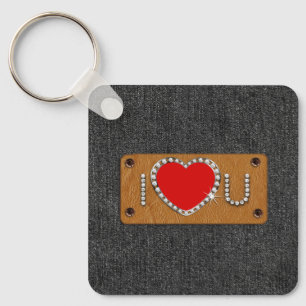 I Love You. Denim Pattern Valentine's Day Gift Keychain