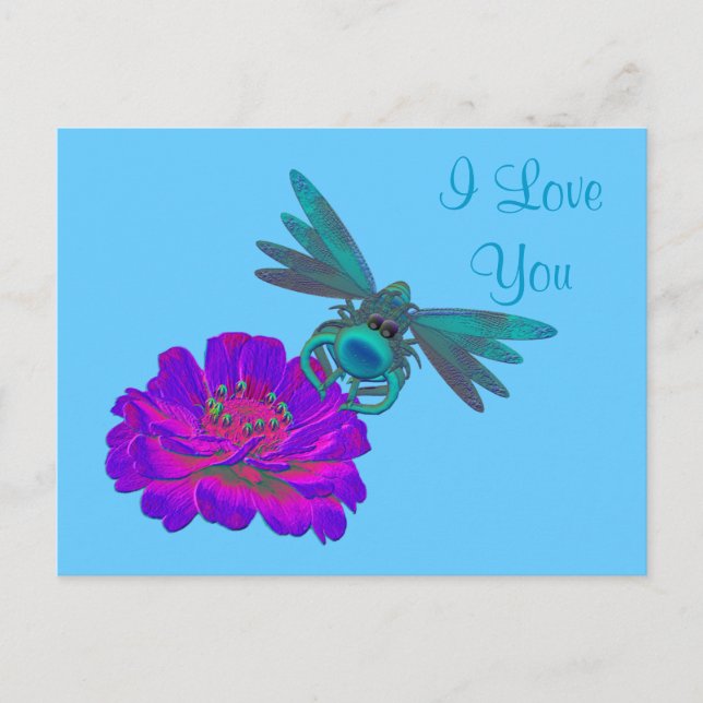 I Love You Dragonfly Zinnia Flower Postcard (Front)