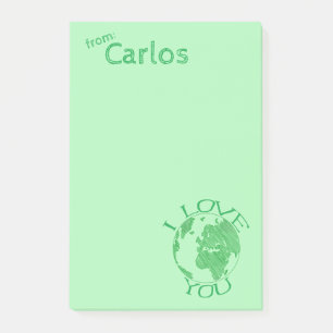 I Love You Earth, Sketch, Green Personalized Post-it Notes