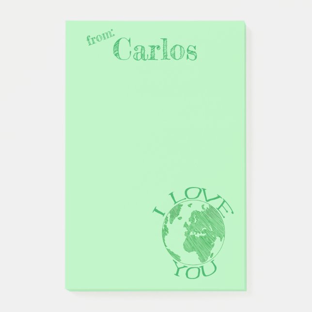 I Love You Earth, Sketch, Green Personalized Post- Post-it Notes (Front)