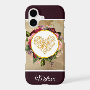 I Love You Fancy Golden Heart with Floral Frame