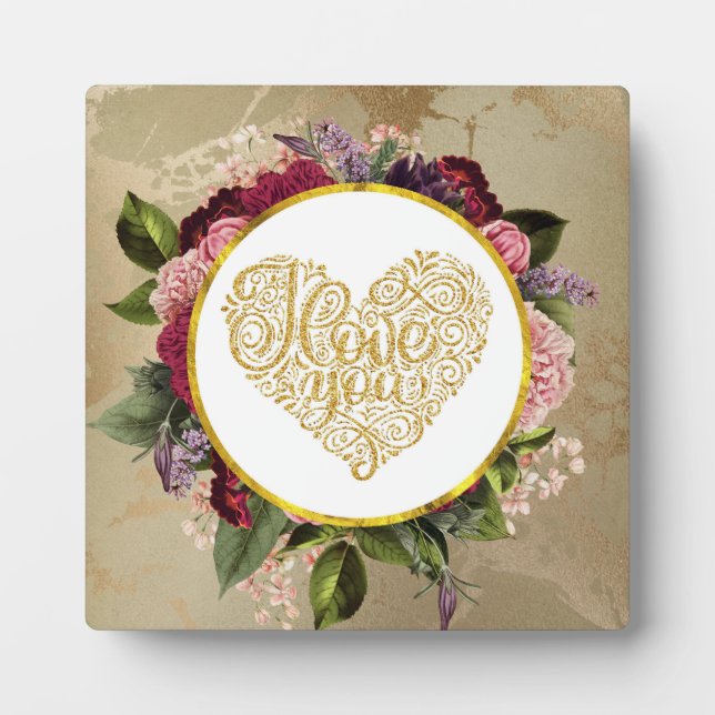 I Love You Fancy Golden Heart with Floral Frame (Front)
