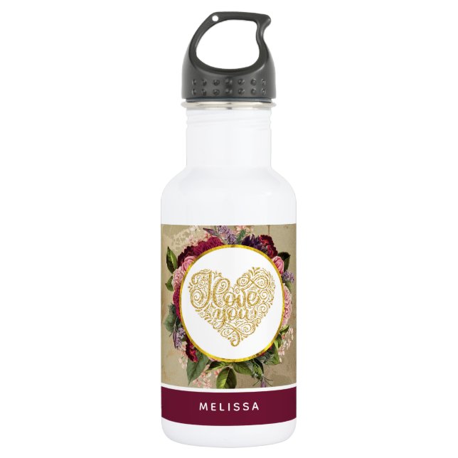 I Love You Fancy Golden Heart with Floral Frame 532 Ml Water Bottle (Front)