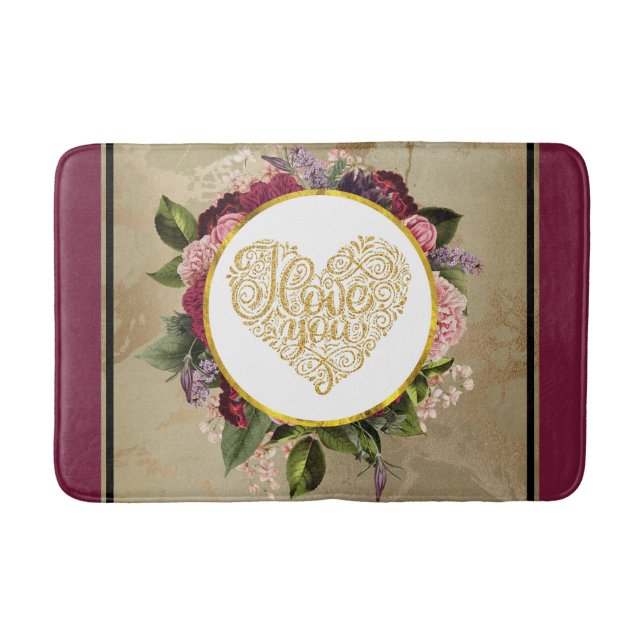 I Love You Fancy Golden Heart with Floral Frame Bath Mat (Front)