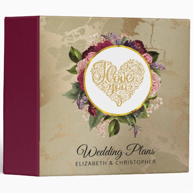 I Love You Fancy Golden Heart with Floral Frame Binder (Front/Spine)