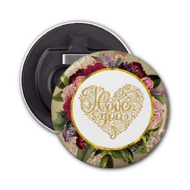 I Love You Fancy Golden Heart with Floral Frame Bottle Opener (Front)