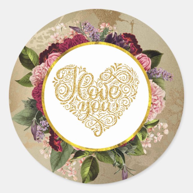 I Love You Fancy Golden Heart with Floral Frame Classic Round Sticker (Front)