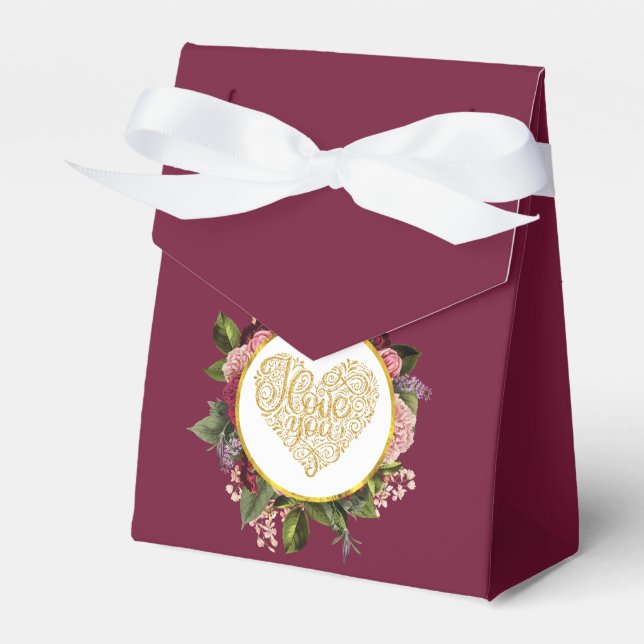 I Love You Fancy Golden Heart with Floral Frame Favor Box (Front Side)