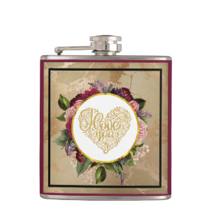 I Love You Fancy Golden Heart with Floral Frame Hip Flask