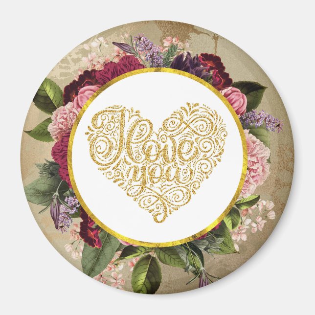 I Love You Fancy Golden Heart with Floral Frame Magnet (Front)