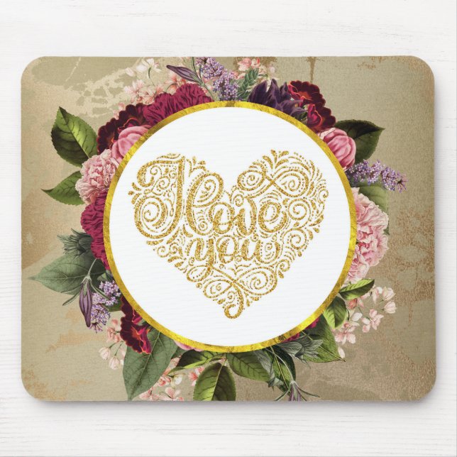 I Love You Fancy Golden Heart with Floral Frame Mouse Pad (Front)