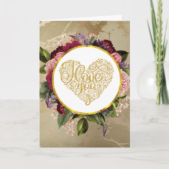 I Love You Fancy Golden Ornate Heart Valentine's Card (Front)