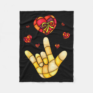 I Love You Hand Sign Language Asl - Hearts Valenti Fleece Blanket