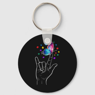 I Love You Hand Sign Language Butterfly Autism Awa Keychain