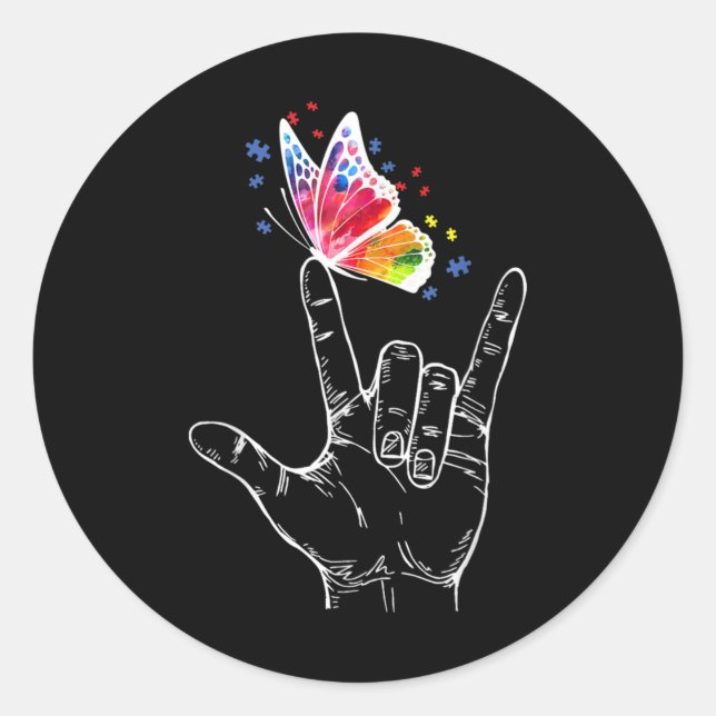 I Love You Hand Sign Language Butterfly Autism Classic Round Sticker (Front)