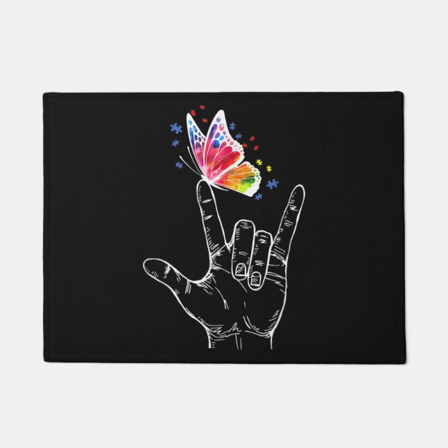 I Love You Hand Sign Language Butterfly Autism Doormat (Front)