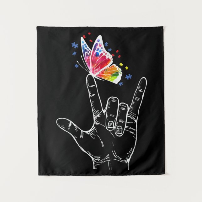 I Love You Hand Sign Language Butterfly Autism Tapestry (Front)