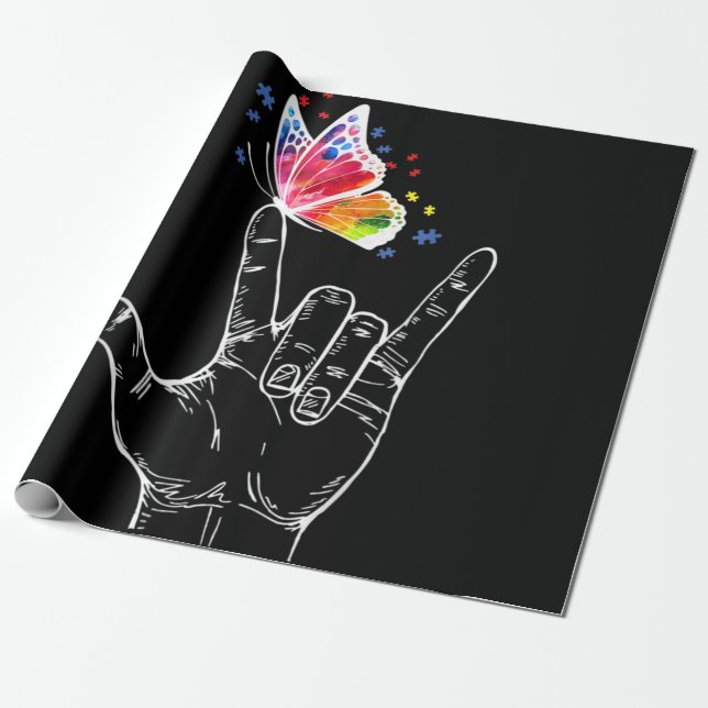 I Love You Hand Sign Language Butterfly Autism Wrapping Paper (Unrolled)