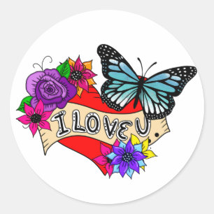 I Love You   Hearts, Roses and Butterflies Classic Round Sticker