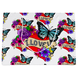 I Love You Hearts, Roses and Butterflies Large Gift Bag