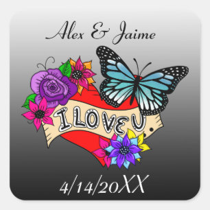 I Love You   Hearts, Roses and Butterflies   Square Sticker