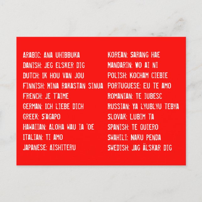 I love you in 20 different Languages Postcard (Front)