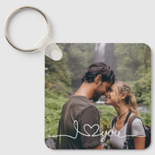 I Love You in White Script with Heart Custom Keychain