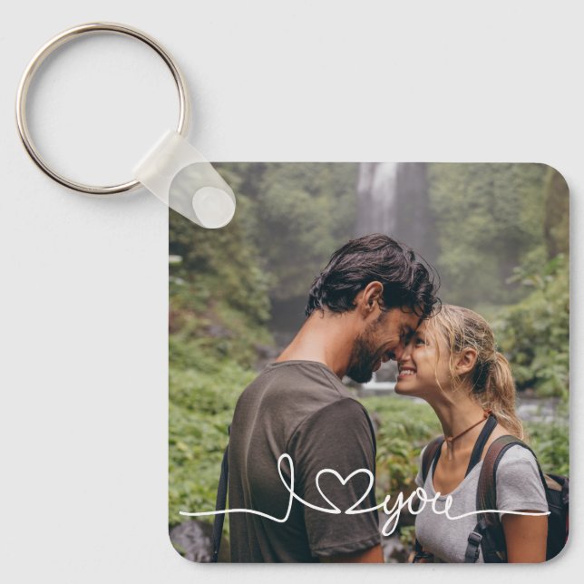 I Love You in White Script with Heart Custom Keychain (Front)