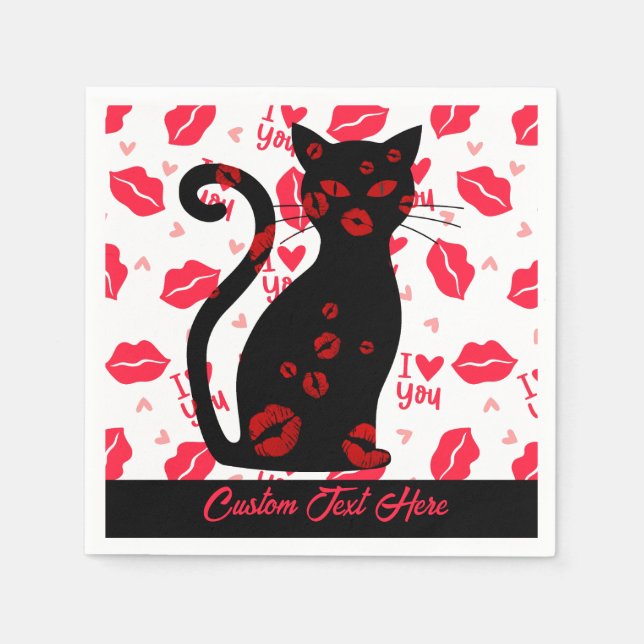 I Love You Lip Kiss Black Cat Romantic Personalize Napkin (Front)