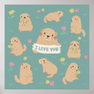 I Love You, Marmots Illustration Poster