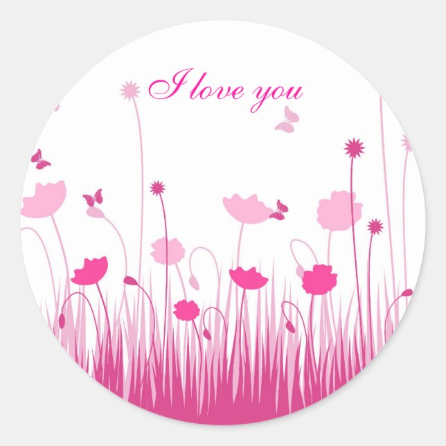 I Love You Minimalist Pink  White Poppies Floral Classic Round Sticker (Front)