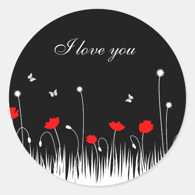 I Love You Minimalist Red Black and White Poppies  Classic Round Sticker (Front)