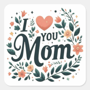 I Love You Mom - Affectionate Floral Heart Square Sticker
