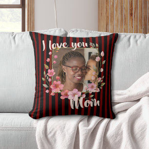 I Love You Mom Black Crimson Red Floral Photo Throw Pillow