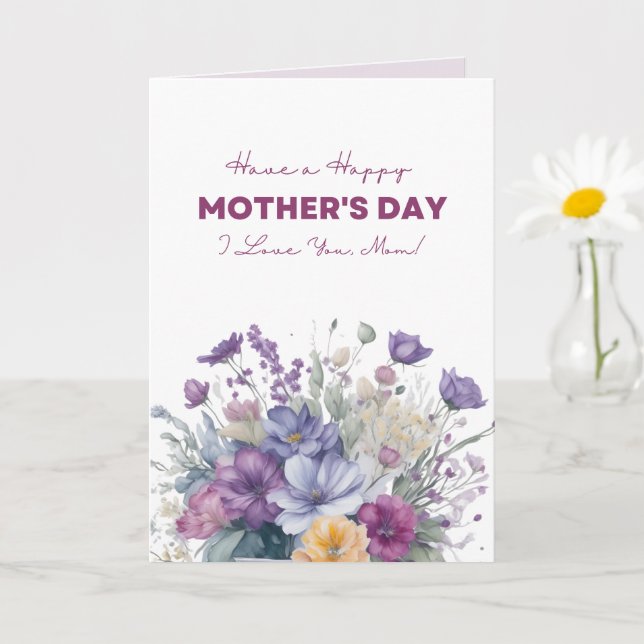 I Love You Mom Custom Watercolor Wildflowers Card (Small Plant)
