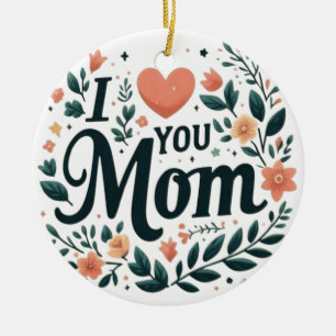 I Love You Mom - Floral Wreath Heart Ceramic Ornament